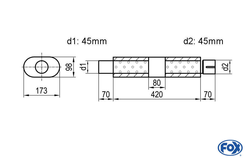 FOX Uni-Schalldämpfer oval mit Kammer + Stutzen - Abw. 450 173x98mm, d1Ø 45mm (außen), d2Ø 45mm (innen), Länge: 420mm