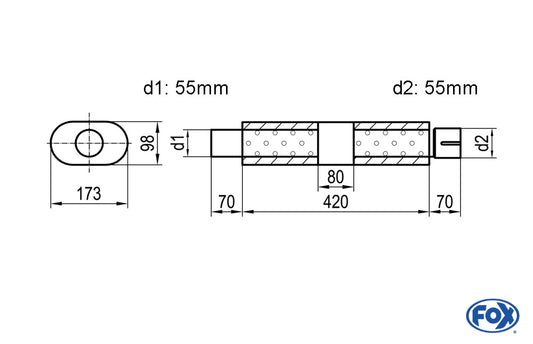 FOX Uni-Schalldämpfer oval mit Kammer + Stutzen - Abw. 450 173x98mm, d1Ø 55mm (außen), d2Ø 55mm (innen), Länge: 420mm