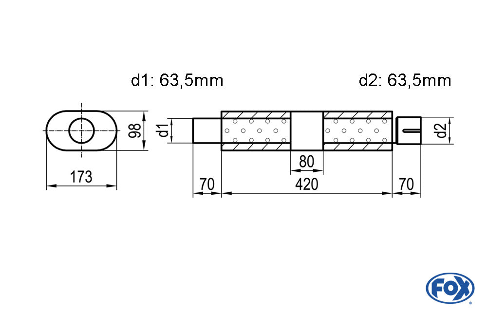 FOX Uni-Schalldämpfer oval mit Kammer + Stutzen - Abw. 450 173x98mm, d1Ø 63,5mm (außen), d2Ø 63,5mm (innen), Länge: 420mm