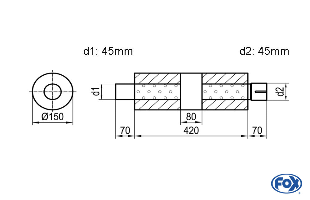 FOX Uni-Schalldämpfer rund mit Kammer + Stutzen - Abw. 466 Ø 150mm, d1Ø 45mm (außen), d2Ø 45mm (innen), Länge: 420mm