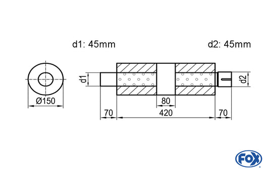 FOX Uni-Schalldämpfer rund mit Kammer + Stutzen - Abw. 466 Ø 150mm, d1Ø 45mm (außen), d2Ø 45mm (innen), Länge: 420mm