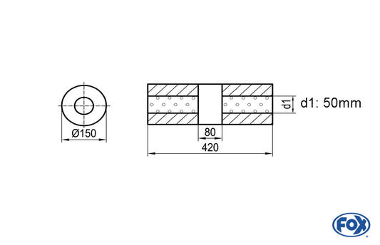 FOX Uni-Schalldämpfer rund ohne Stutzen mit Kammer - Abw. 466 Ø 150mm, d1Ø 50mm (außen), Länge: 420mm