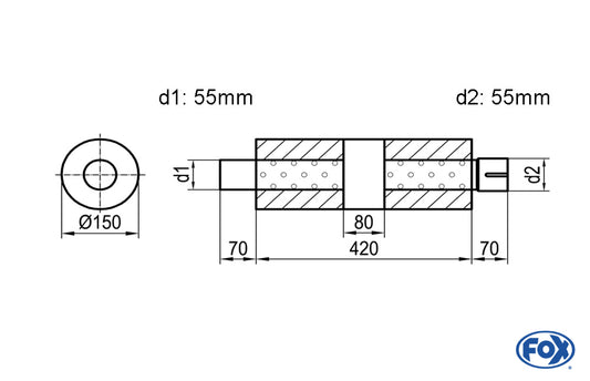 FOX Uni-Schalldämpfer rund mit Kammer + Stutzen - Abw. 466 Ø 150mm, d1Ø 55mm (außen), d2Ø 55mm (innen), Länge: 420mm