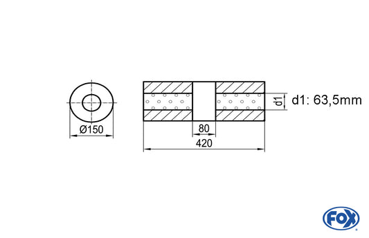 FOX Uni-Schalldämpfer rund ohne Stutzen mit Kammer - Abw. 466 Ø 150mm, d1Ø 63,5mm (außen), Länge: 420mm