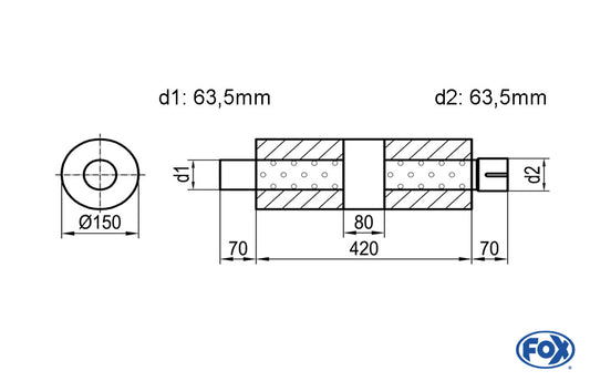 FOX Uni-Schalldämpfer rund mit Kammer + Stutzen - Abw. 466 Ø 150mm, d1Ø 63,5mm (außen), d2Ø 63,5mm (innen), Länge: 420mm
