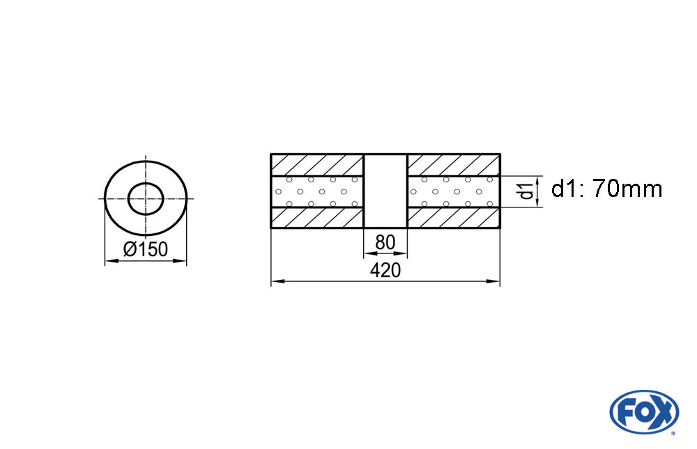 FOX Uni-Schalldämpfer rund ohne Stutzen mit Kammer - Abw. 466 Ø 150mm, d1Ø 70mm (außen), Länge: 420mm