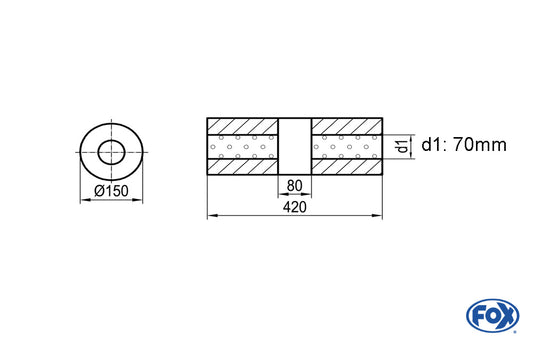 FOX Uni-Schalldämpfer rund ohne Stutzen mit Kammer - Abw. 466 Ø 150mm, d1Ø 70mm (außen), Länge: 420mm
