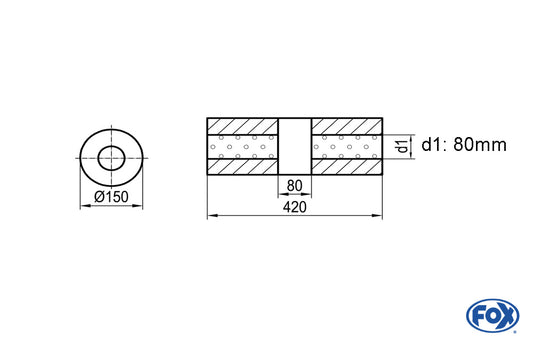 FOX Uni-Schalldämpfer rund ohne Stutzen mit Kammer - Abw. 466 Ø 150mm, d1Ø 80mm (außen), Länge: 420mm