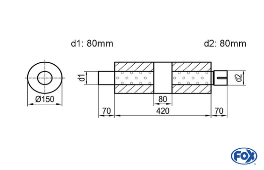 FOX Uni-Schalldämpfer rund mit Kammer + Stutzen - Abw. 466 Ø 150mm, d1Ø 80mm (außen), d2Ø 80mm (innen), Länge: 420mm
