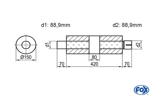 FOX Uni-Schalldämpfer rund mit Kammer + Stutzen - Abw. 466 Ø 150mm, d1Ø 88,9mm (außen), d2Ø 88,9mm (innen), Länge: 420mm