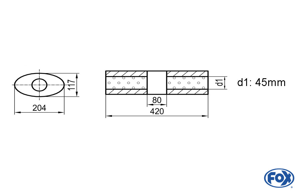 FOX Uni-Schalldämpfer Oval ohne Stutzen mit Kammer - Abw. 525 204x117mm, d1Ø 45mm (außen), Länge: 420mm