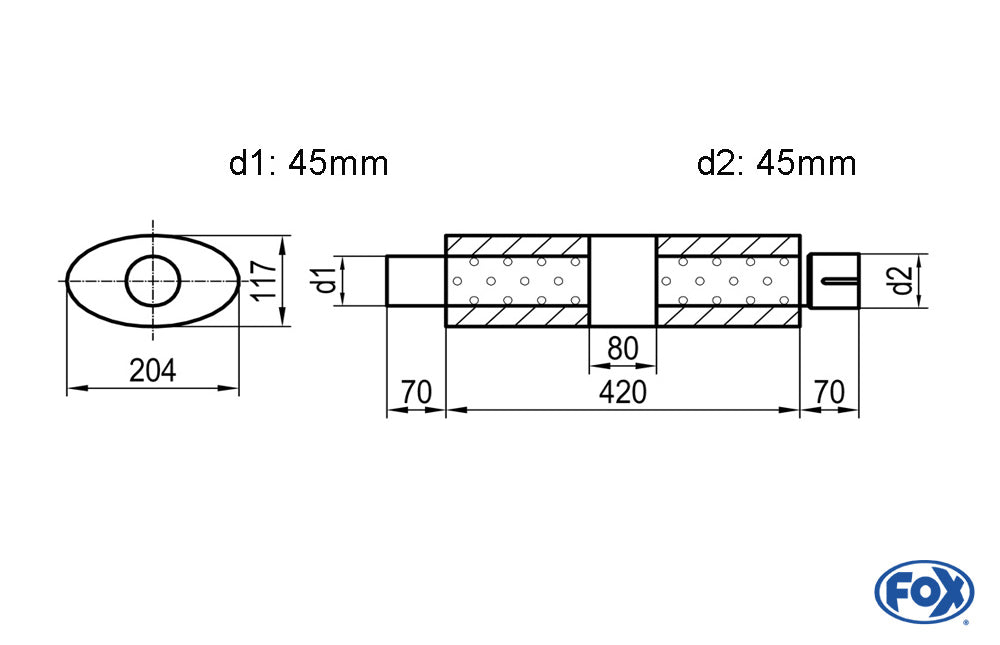 FOX Uni-Schalldämpfer Oval mit Kammer + Stutzen - Abw. 525 204x117mm, d1Ø 45mm (außen), d2Ø 45mm (innen), Länge: 420mm