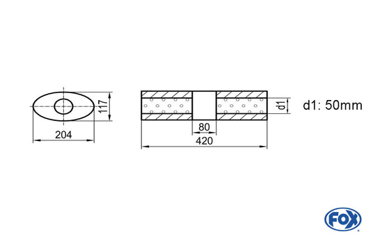 FOX Uni-Schalldämpfer Oval ohne Stutzen mit Kammer - Abw. 525 204x117mm, d1Ø 50mm (außen), Länge: 420mm