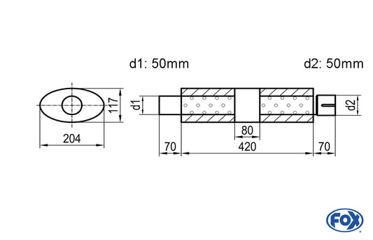 FOX Uni-Schalldämpfer Oval mit Kammer + Stutzen - Abw. 525 204x117mm, d1Ø 50mm (außen), d2Ø 50mm (innen), Länge: 420mm