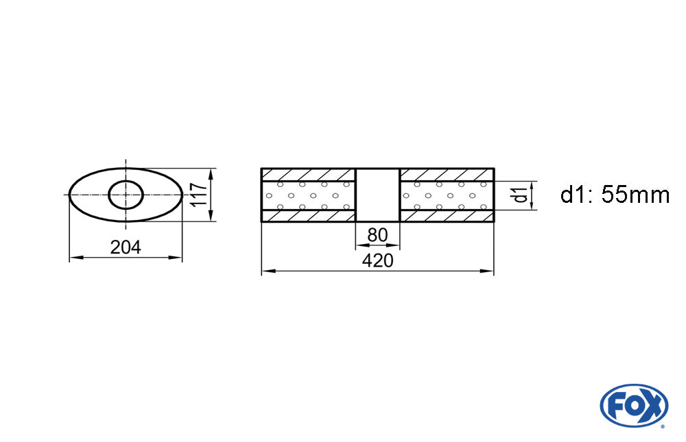 FOX Uni-Schalldämpfer Oval ohne Stutzen mit Kammer - Abw. 525 204x117mm, d1Ø 55mm (außen), Länge: 420mm