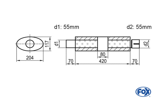 FOX Uni-Schalldämpfer Oval mit Kammer + Stutzen - Abw. 525 204x117mm, d1Ø 55mm (außen), d2Ø 55mm (innen), Länge: 420mm