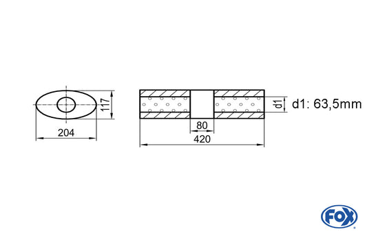 FOX Uni-Schalldämpfer Oval ohne Stutzen mit Kammer - Abw. 525 204x117mm, d1Ø 63,5mm (außen), Länge: 420mm