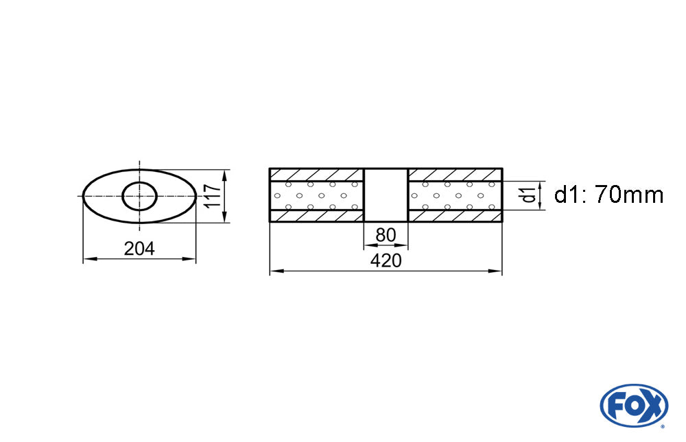 FOX Uni-Schalldämpfer Oval ohne Stutzen mit Kammer - Abw. 525 204x117mm, d1Ø 70mm (außen), Länge: 420mm