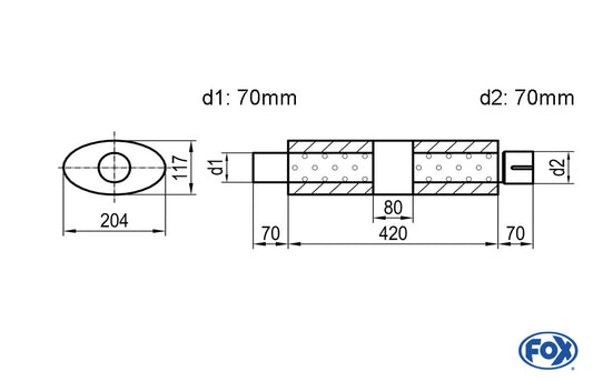 FOX Uni-Schalldämpfer Oval mit Kammer + Stutzen - Abw. 525 204x117mm, d1Ø 70mm (außen), d2Ø 70mm (innen), Länge: 420mm
