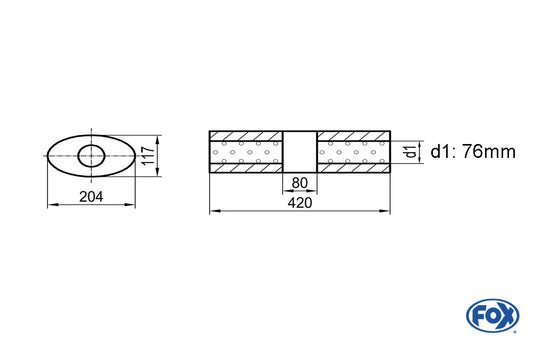 FOX Uni-Schalldämpfer Oval ohne Stutzen mit Kammer - Abw. 525 204x117mm, d1Ø 76mm (außen), Länge: 420mm