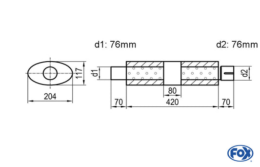 FOX Uni-Schalldämpfer Oval mit Kammer + Stutzen - Abw. 525 204x117mm, d1Ø 76mm (außen), d2Ø 76mm (innen), Länge: 420mm