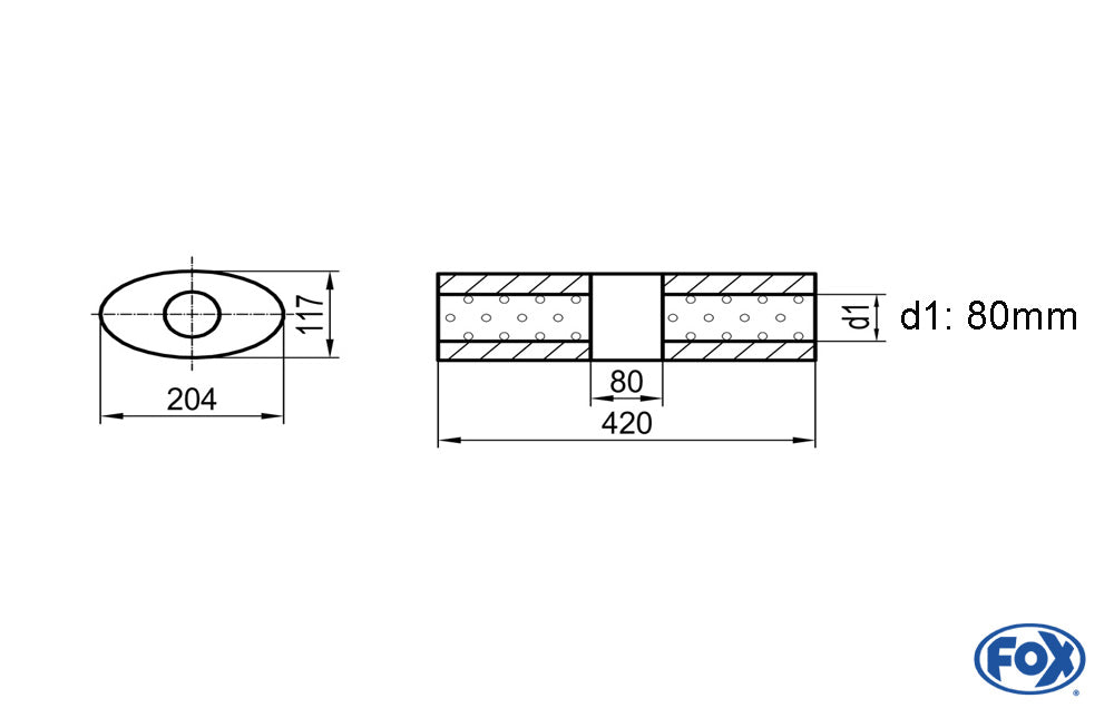 FOX Uni-Schalldämpfer Oval ohne Stutzen mit Kammer - Abw. 525 204x117mm, d1Ø 80mm (außen), Länge: 420mm