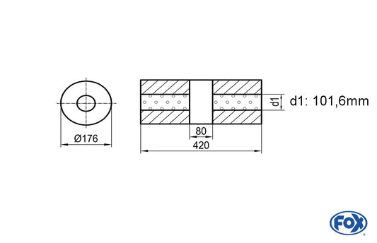 FOX Uni-Schalldämpfer rund ohne Stutzen mit Kammer - Abw. 556 Ø 176mm, d1Ø101,6mm (außen), Länge: 420mm