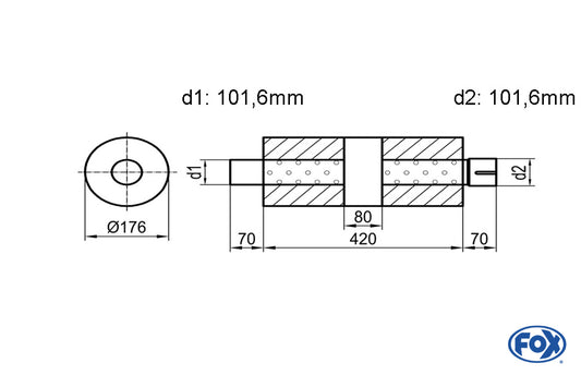 FOX Uni-Schalldämpfer rund mit Kammer + Stutzen - Abw. 556 Ø 176mm, d1Ø 101,6mm (außen), d2Ø 101,6mm (innen), Länge: 420mm