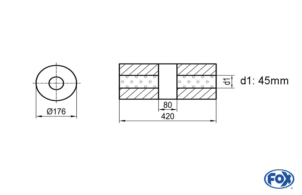 FOX Uni-Schalldämpfer rund ohne Stutzen mit Kammer - Abw. 556 Ø 176mm, d1Ø 45mm (außen), Länge: 420mm