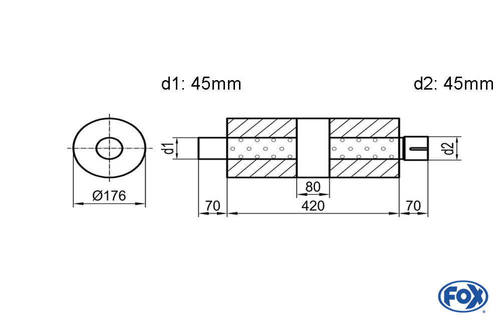FOX Uni-Schalldämpfer rund mit Kammer + Stutzen - Abw. 556 Ø 176mm, d1Ø 45mm (außen), d2Ø 45mm (innen), Länge: 420mm