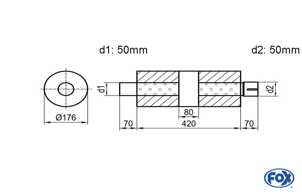 FOX Uni-Schalldämpfer rund mit Kammer + Stutzen - Abw. 556 Ø 176mm, d1Ø 50mm (außen), d2Ø 50mm (innen), Länge: 420mm