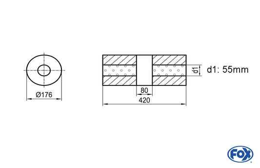 FOX Uni-Schalldämpfer rund ohne Stutzen mit Kammer - Abw. 556 Ø 176mm, d1Ø 55mm (außen), Länge: 420mm
