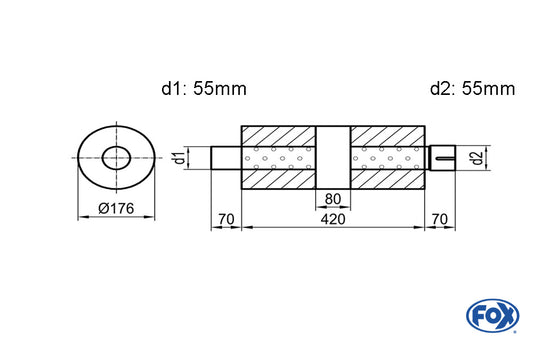 FOX Uni-Schalldämpfer rund mit Kammer + Stutzen - Abw. 556 Ø 176mm, d1Ø 55mm (außen), d2Ø 55mm (innen), Länge: 420mm