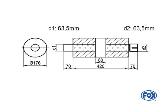 FOX Uni-Schalldämpfer rund mit Kammer + Stutzen - Abw. 556 Ø 176mm, d1Ø 63mm (außen), d2Ø 63mm (innen), Länge: 420mm