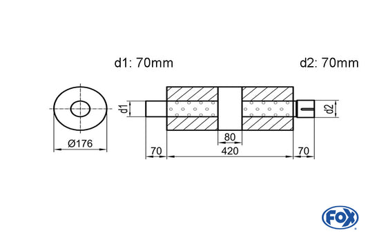 FOX Uni-Schalldämpfer rund mit Kammer + Stutzen - Abw. 556 Ø 176mm, d1Ø 70mm (außen), d2Ø 70mm (innen), Länge: 420mm