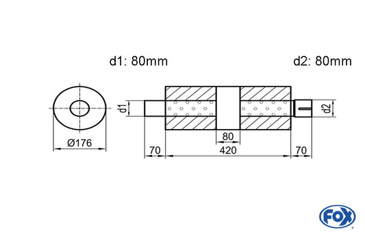 FOX Uni-Schalldämpfer rund mit Kammer + Stutzen - Abw. 556 Ø 176mm, d1Ø 80mm (außen), d2Ø 80mm (innen), Länge: 420mm