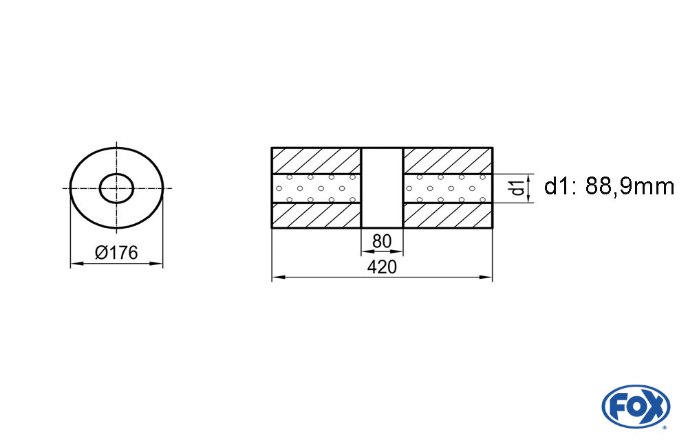FOX Uni-Schalldämpfer rund ohne Stutzen mit Kammer - Abw. 556 Ø 176mm, d1Ø88,9mm (außen), Länge: 420mm