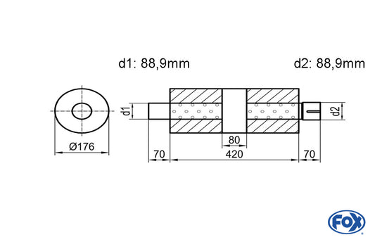 FOX Uni-Schalldämpfer rund mit Kammer + Stutzen - Abw. 556 Ø 176mm, d1Ø 88,9mm (außen), d2Ø 88,9mm (innen), Länge: 420mm