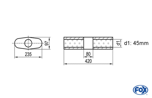 FOX Uni-Schalldämpfer Oval ohne Stutzen mit Kammer - Abw. 558 235x97mm, d1Ø 45mm (außen), Länge: 420mm