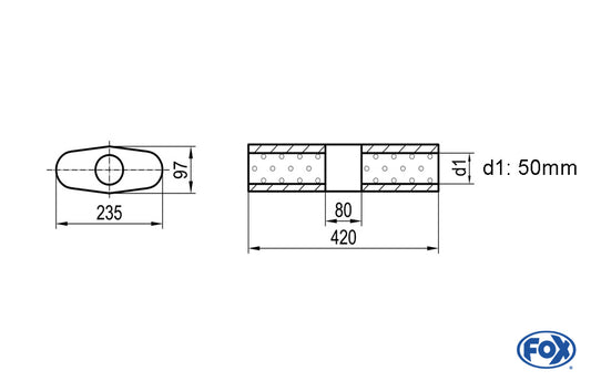 FOX Uni-Schalldämpfer Oval ohne Stutzen mit Kammer - Abw. 558 235x97mm, d1Ø 50mm (außen), Länge: 420mm
