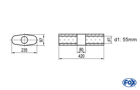 FOX Uni-Schalldämpfer Oval ohne Stutzen mit Kammer - Abw. 558 235x97mm, d1Ø 55mm (außen), Länge: 420mm