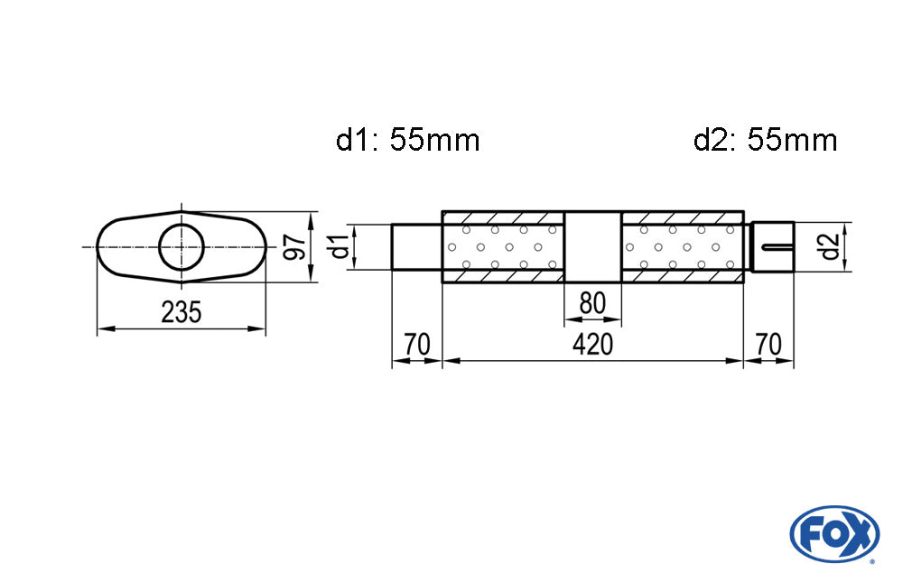 FOX Uni-Schalldämpfer oval mit Kammer + Stutzen - Abw. 558 235x97mm, d1Ø 55mm (außen), d2Ø 55mm (innen), Länge: 420mm