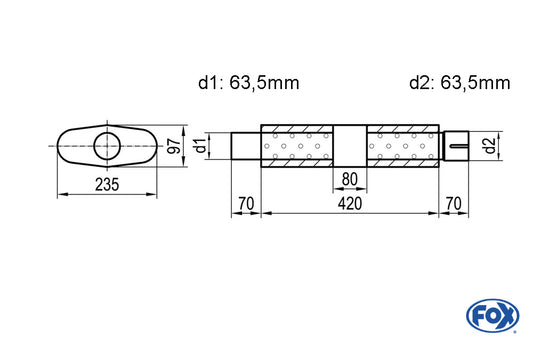 FOX Uni-Schalldämpfer rund mit Kammer + Stutzen - Abw. 558 235x97mm, d1Ø 63,5mm (außen), d2Ø 63,5mm (innen), Länge: 420mm