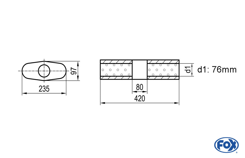 FOX Uni-Schalldämpfer Oval ohne Stutzen mit Kammer - Abw. 558 235x97mm, d1Ø 76mm (außen), Länge: 420mm