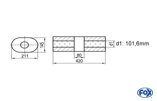 FOX Uni-Schalldämpfer Oval ohne Stutzen mit Kammer - Abw. 585 211x145mm, d1Ø 101,6mm (außen), Länge: 420mm