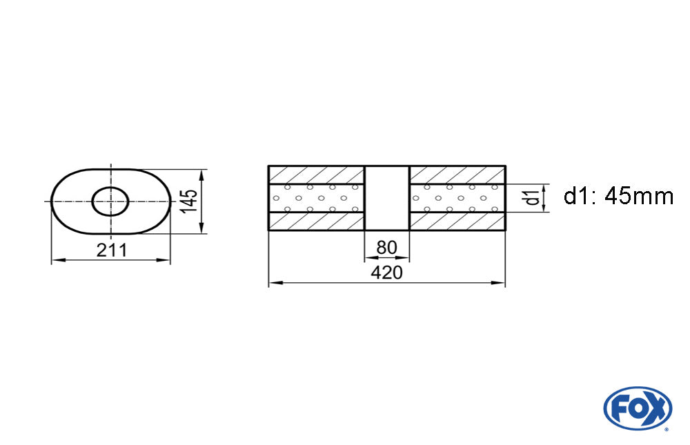 FOX Uni-Schalldämpfer Oval ohne Stutzen mit Kammer - Abw. 585 211x145mm, d1Ø 45mm (außen), Länge: 420mm