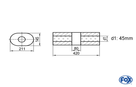 FOX Uni-Schalldämpfer Oval ohne Stutzen mit Kammer - Abw. 585 211x145mm, d1Ø 45mm (außen), Länge: 420mm