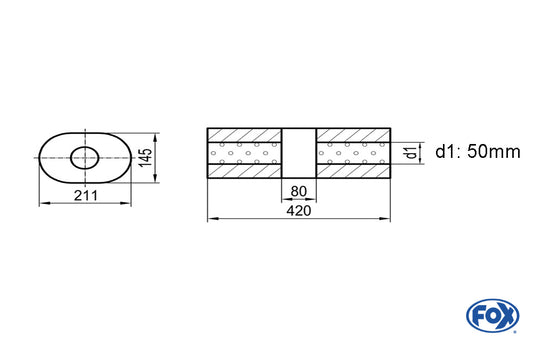 FOX Uni-Schalldämpfer Oval ohne Stutzen mit Kammer - Abw. 585 211x145mm, d1Ø 50mm (außen), Länge: 420mm