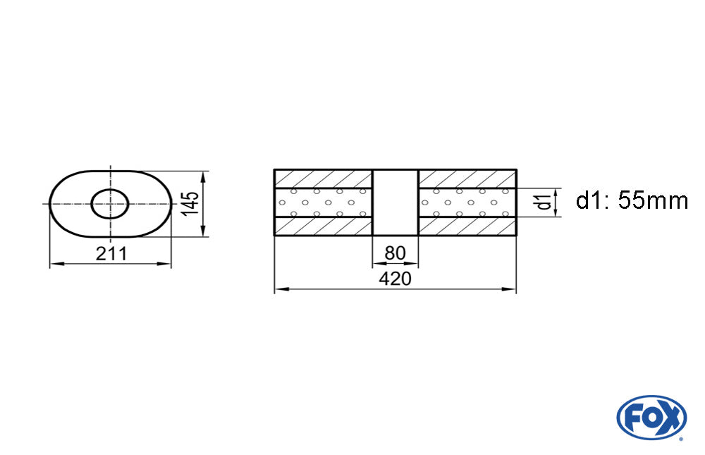 FOX Uni-Schalldämpfer Oval ohne Stutzen mit Kammer - Abw. 585 211x145mm, d1Ø 55mm (außen), Länge: 420mm