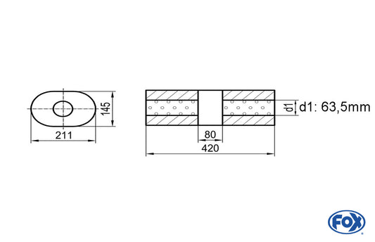 FOX Uni-Schalldämpfer Oval ohne Stutzen mit Kammer - Abw. 585 211x145mm, d1Ø 63,5mm (außen), Länge: 420mm